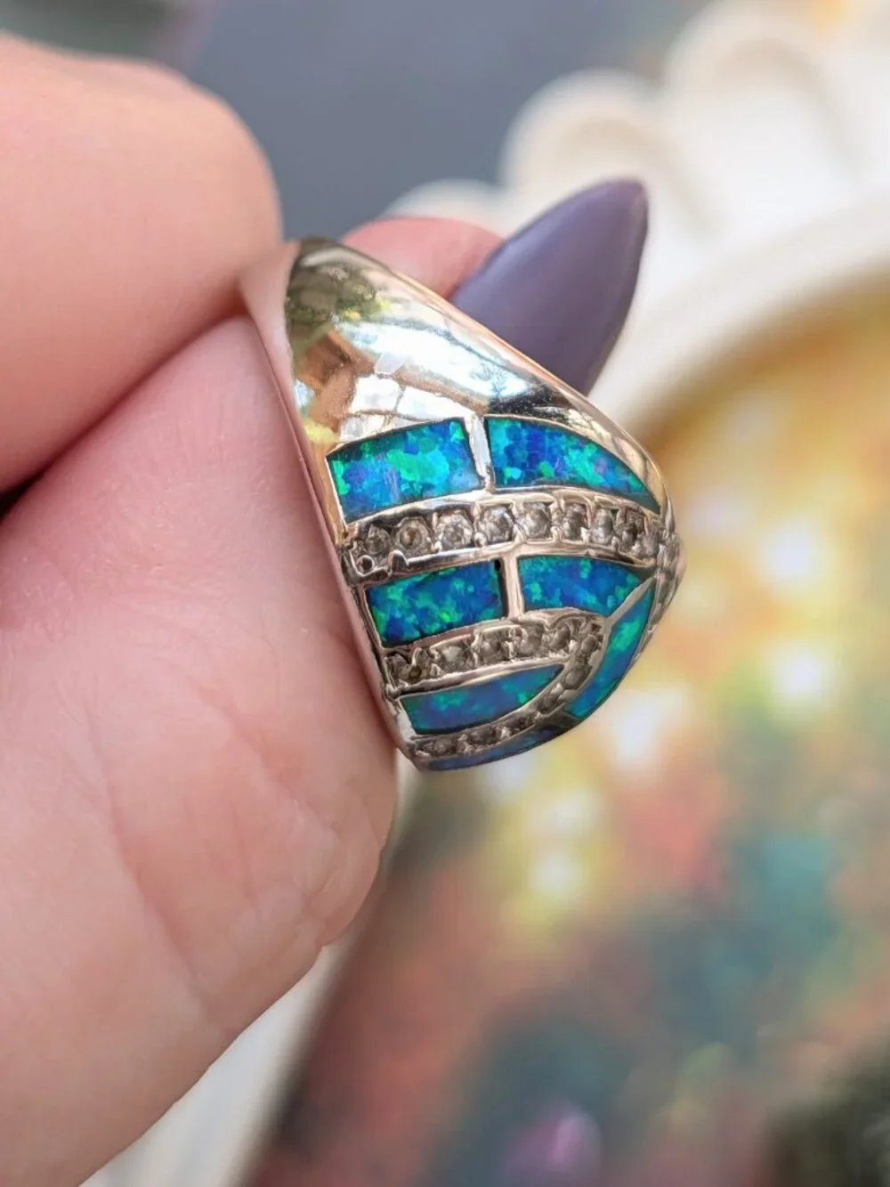 Vintage Sterling Silver & Blue Rainbow Opal Triple Arch Ring, Size 6